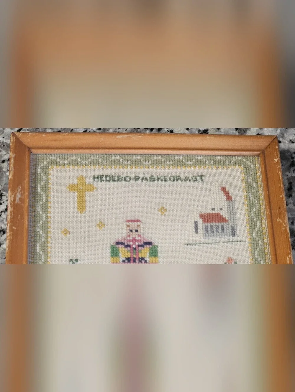 VTG Danish Scandinavian Cross Stitch Easter Church Needlepoint Framed Folk Art